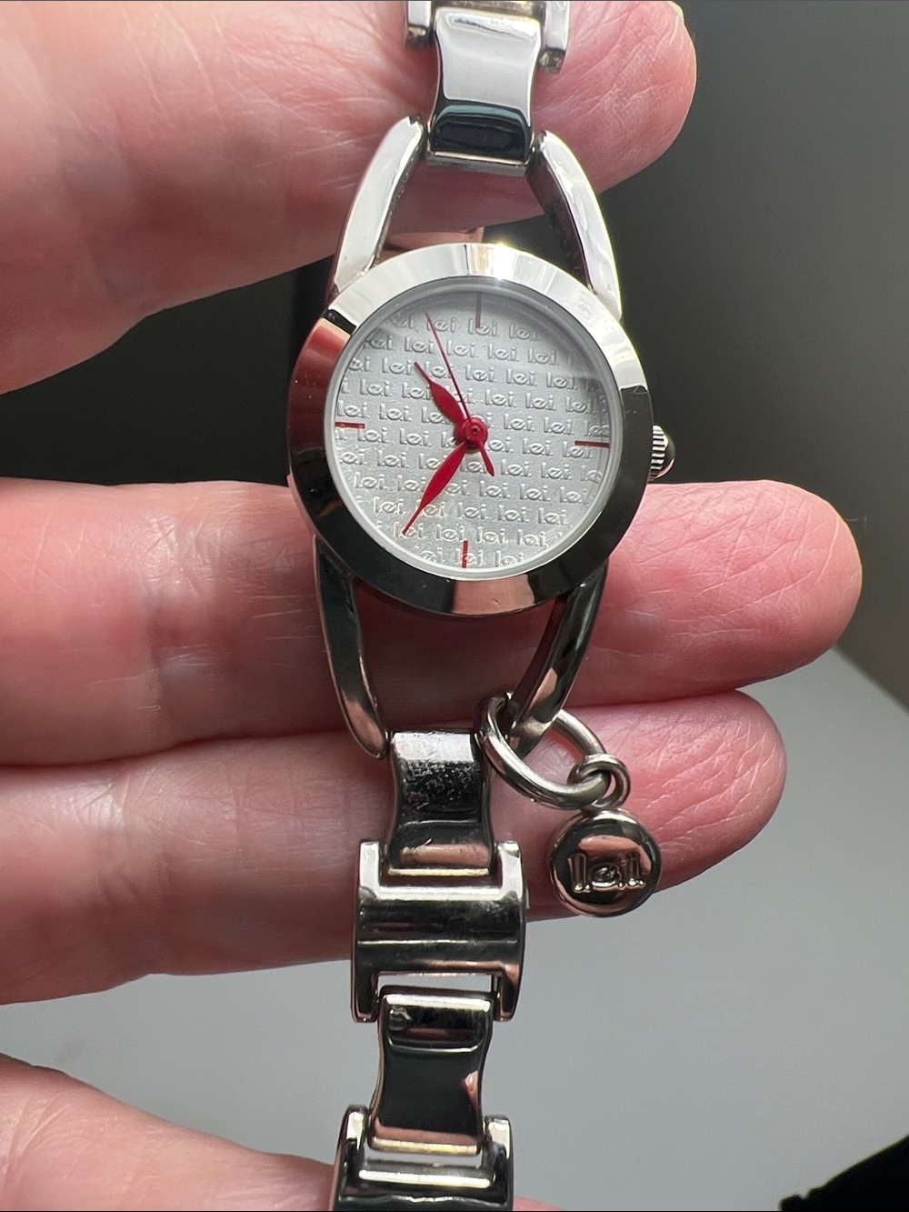 lei Silver-Tone Bracelet Watch with Pink Hands - Working Watch- Vintage